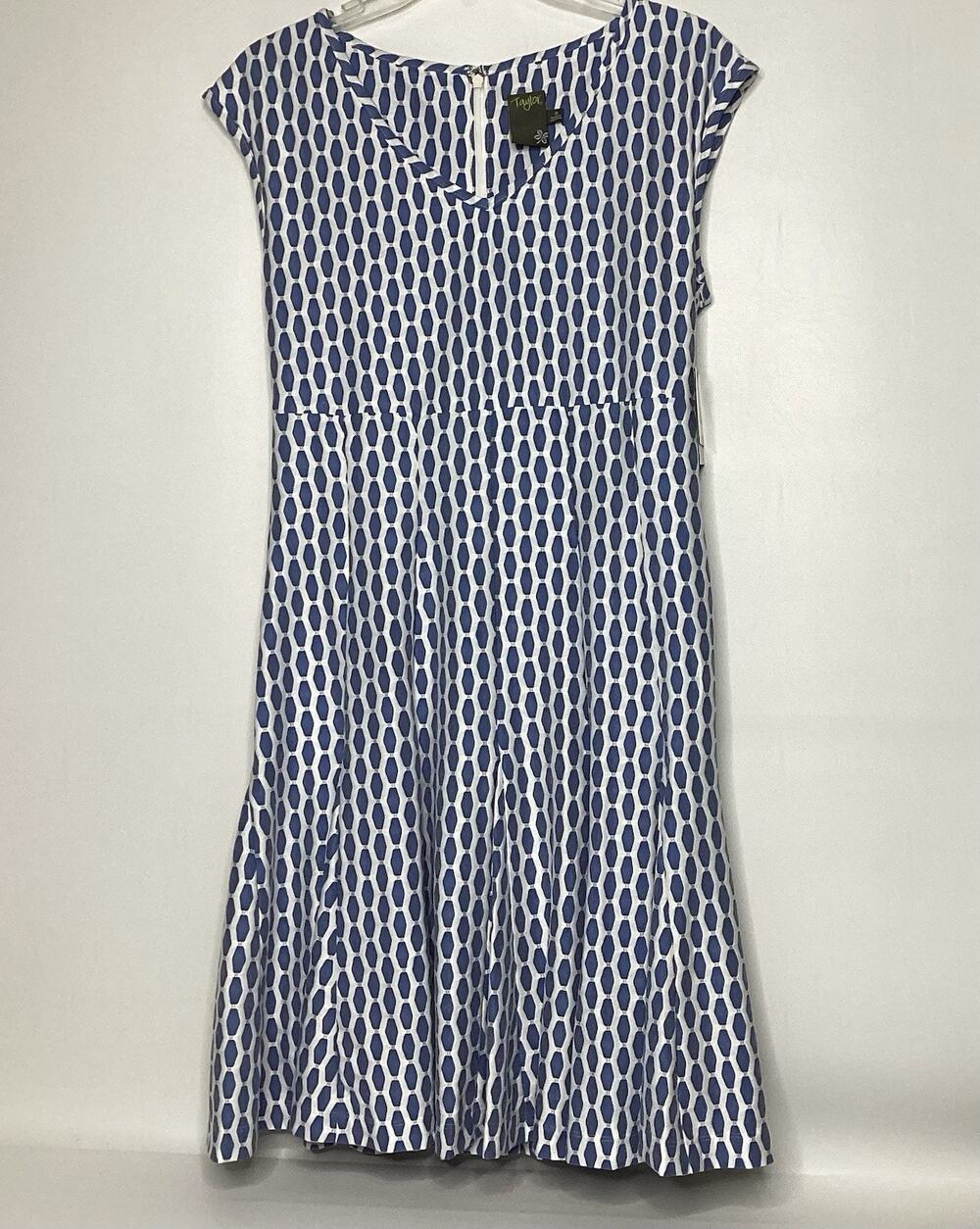 Taylor Women’s Size 8 NWT Blue White Flare Sleeveless Dress Ruffled Hem Office